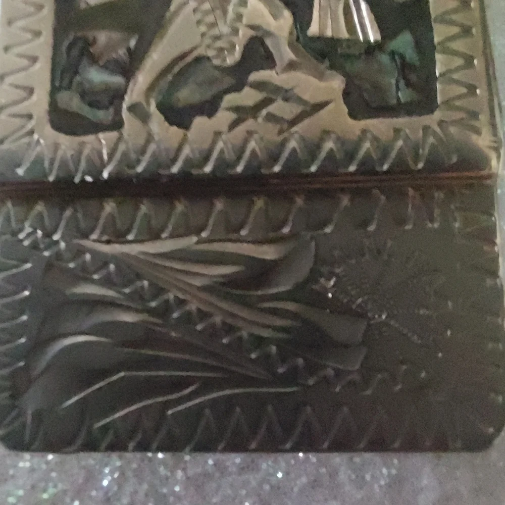 Vintage Alpaca Mexico Silver Engraved Money Clip w/inset Mother-of-Pearl/Abalone